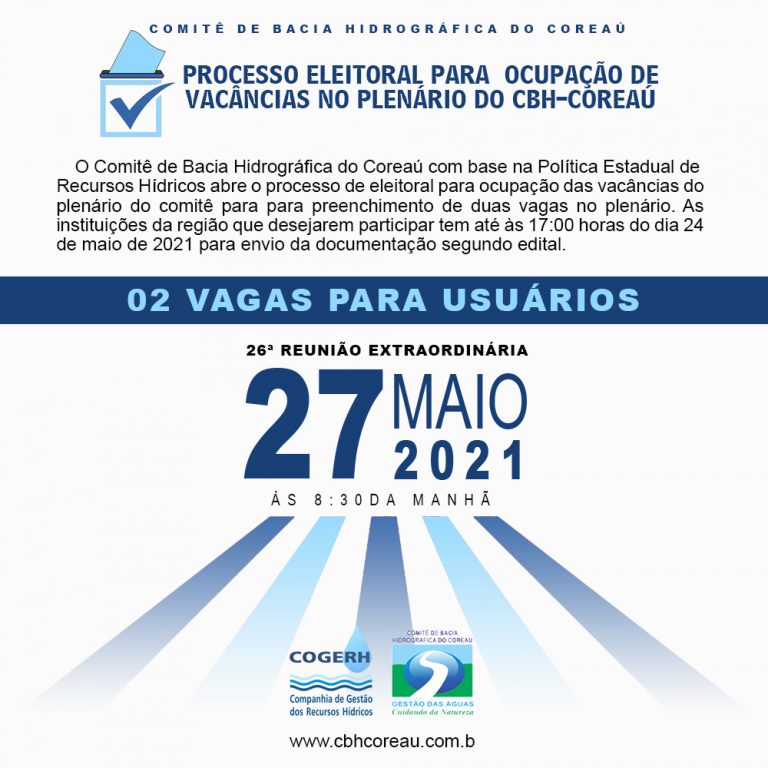 Abertura do processo eleitoral para preenchimento de vagas no plenário para usuários da Bacia Hidrográfica do Coreaú